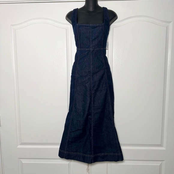 Denim dark blue wash fit and flare square neck midi dress NWT Small - Picture 3 of 7